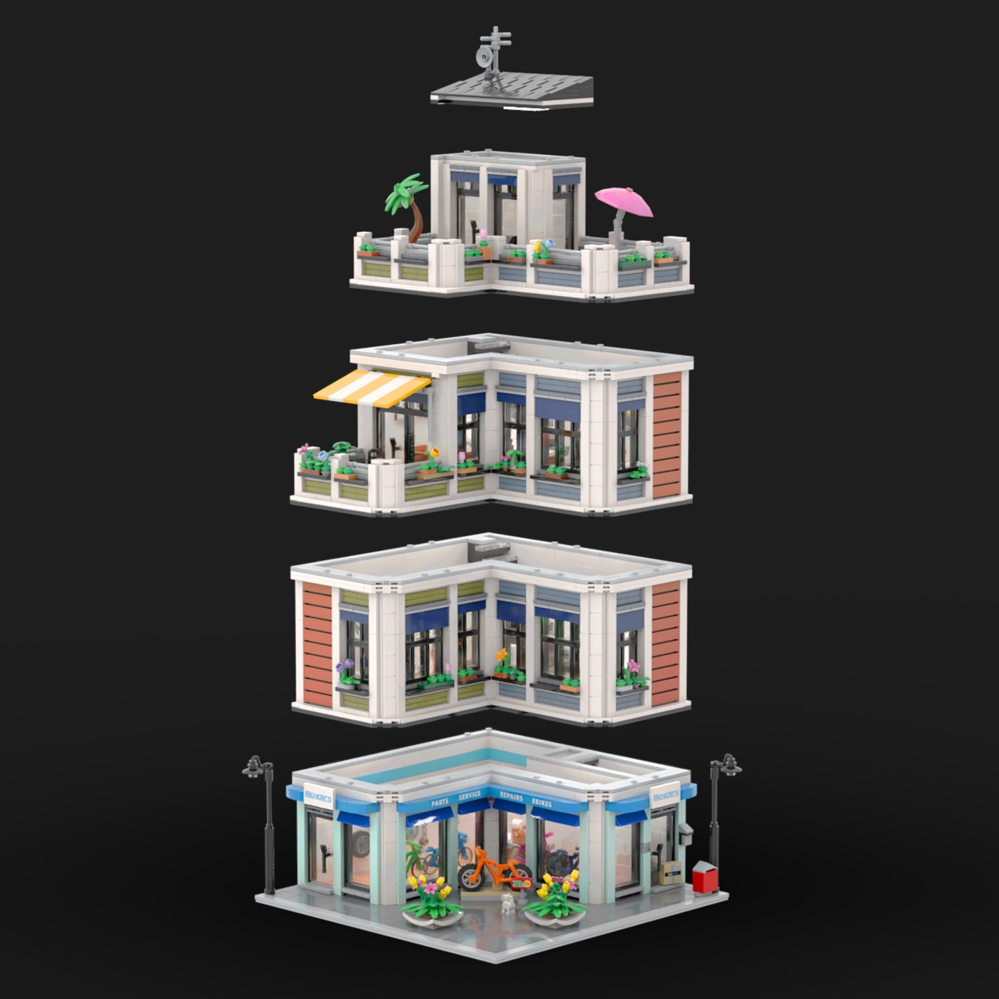 Townhouse with City Apartments and Bicycle Shop - Modular Building MOC