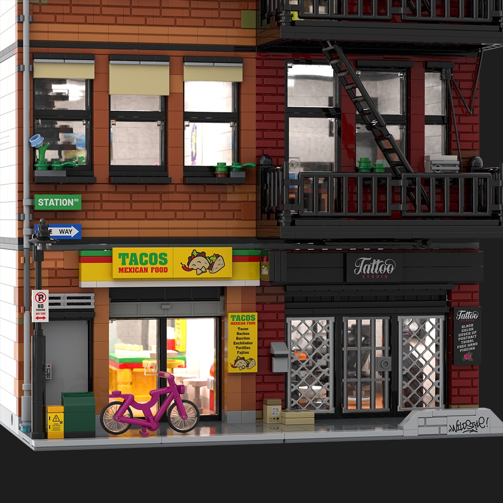 Lower Eastside Townhouse with Tattoo Shop and Tacos Restaurant - Modular Building MOC