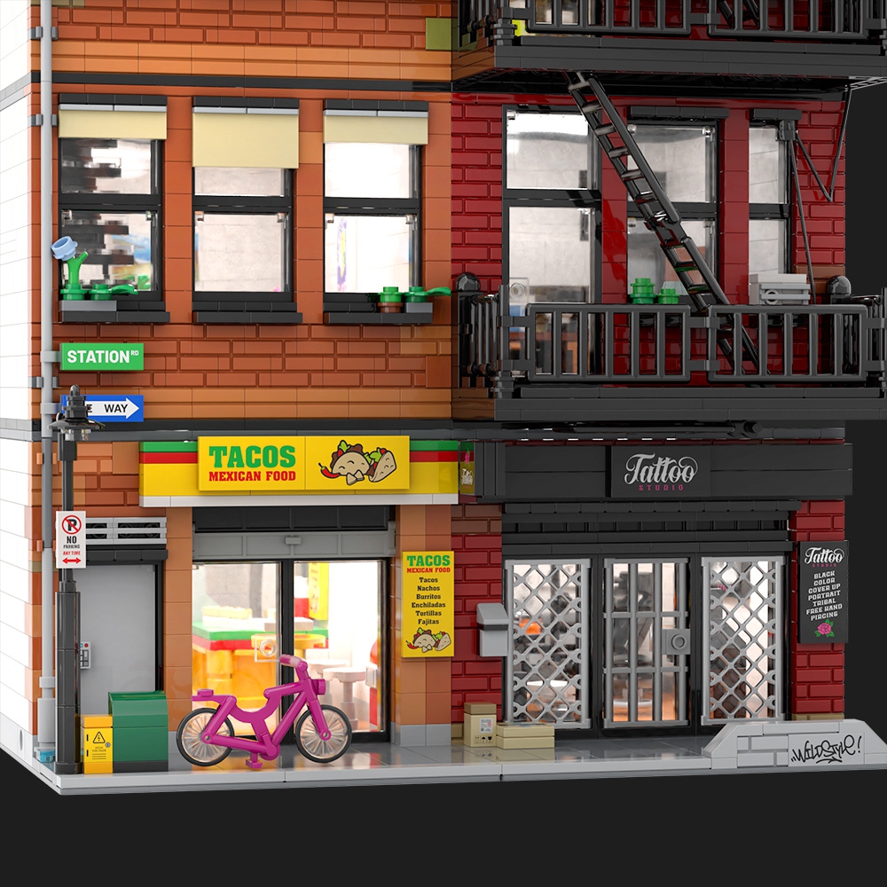 Lower Eastside Townhouse with Tattoo Shop and Tacos Restaurant - Modular Building MOC