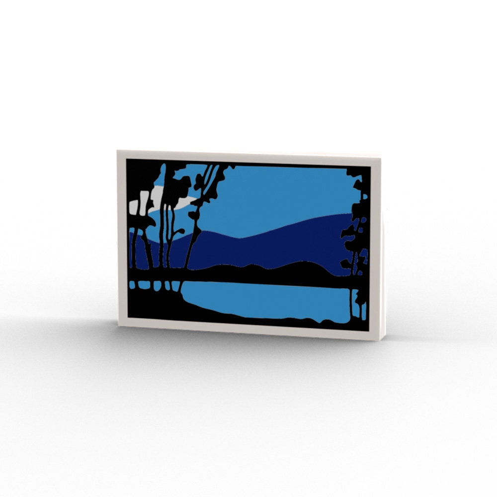 Gemälde von blauen und mittelblauen Hügeln, See und Bäumen