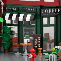 Fachwerkhäuser mit Comic Laden, Eisdiele und Kaffeehaus