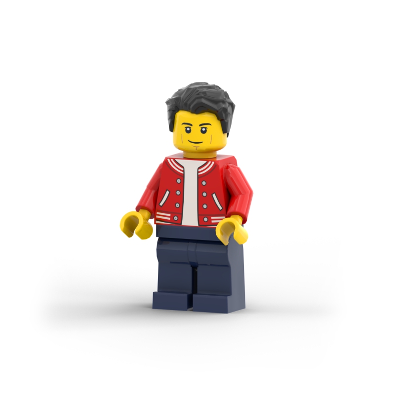 Man - Red Jacket, Dark Blue Legs, Black Hair, Smirk