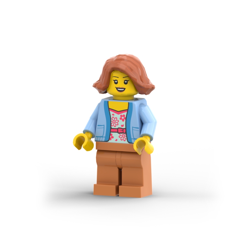 Bus Passenger, Bright Light Blue Jacket over White Shirt with Coral Flowers, Medium Nougat Legs, Dark Orange Hair