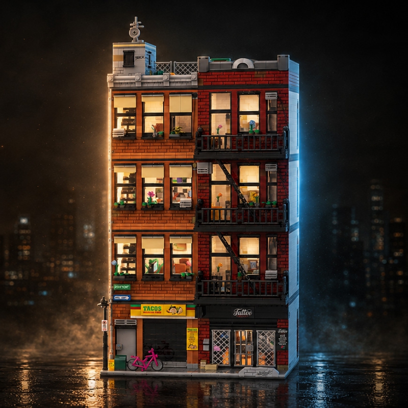 Townhouse with City Apartments and Bicycle Shop - Modular Building MOC